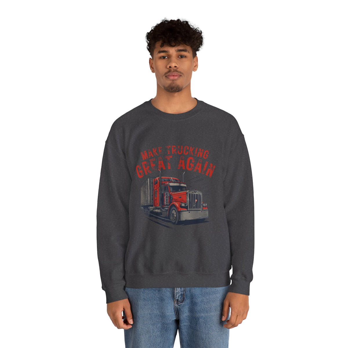 Dark heather crewneck sweatshirt with vintage semi tractor graphic and "Make Trucking Great Again" slogan by Printify.