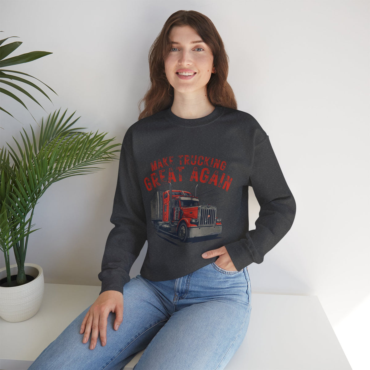Dark heather crewneck sweatshirt by Printify featuring a vintage semi tractor graphic with "Make Trucking Great Again" slogan.