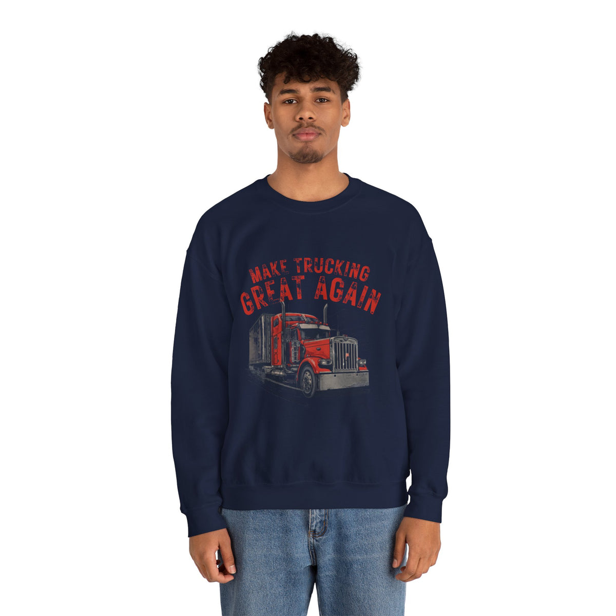 Dark heather crewneck sweatshirt by Printify featuring a vintage semi tractor graphic and the slogan "Make Trucking Great Again."