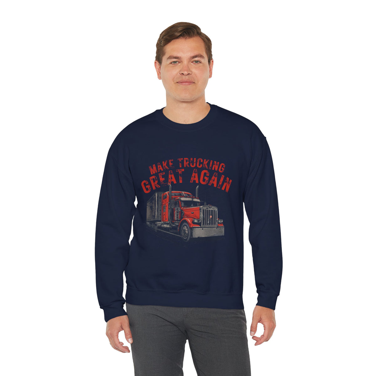 Dark heather crewneck sweatshirt by Printify featuring a vintage semi tractor graphic with "Make Trucking Great Again" text.