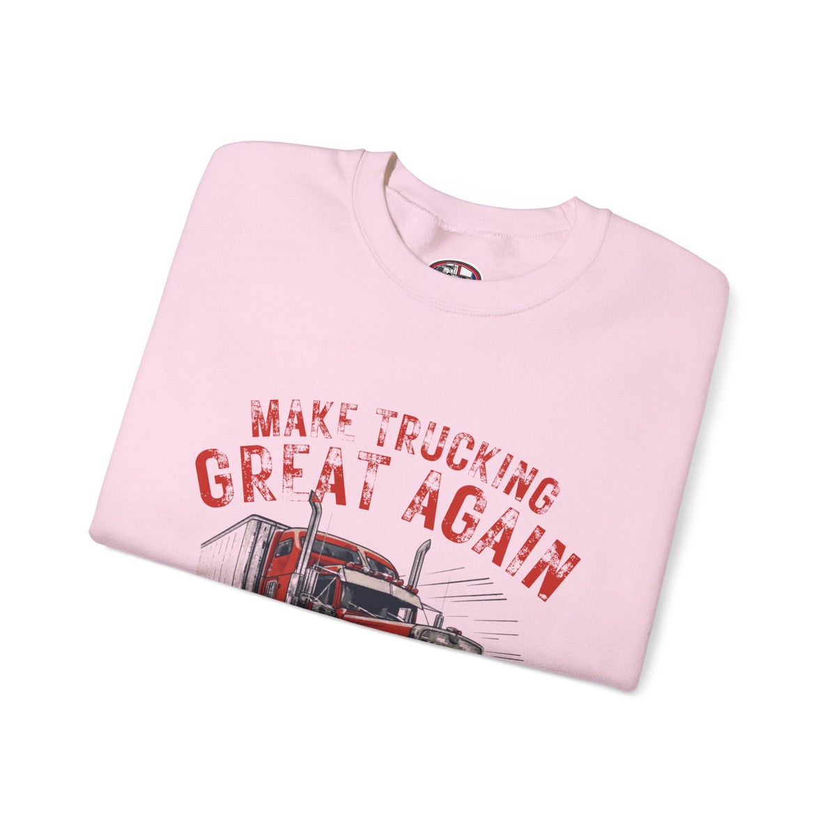 Dark heather crewneck sweatshirt by Printify featuring a vintage semi tractor graphic with "Make Trucking Great Again" slogan.