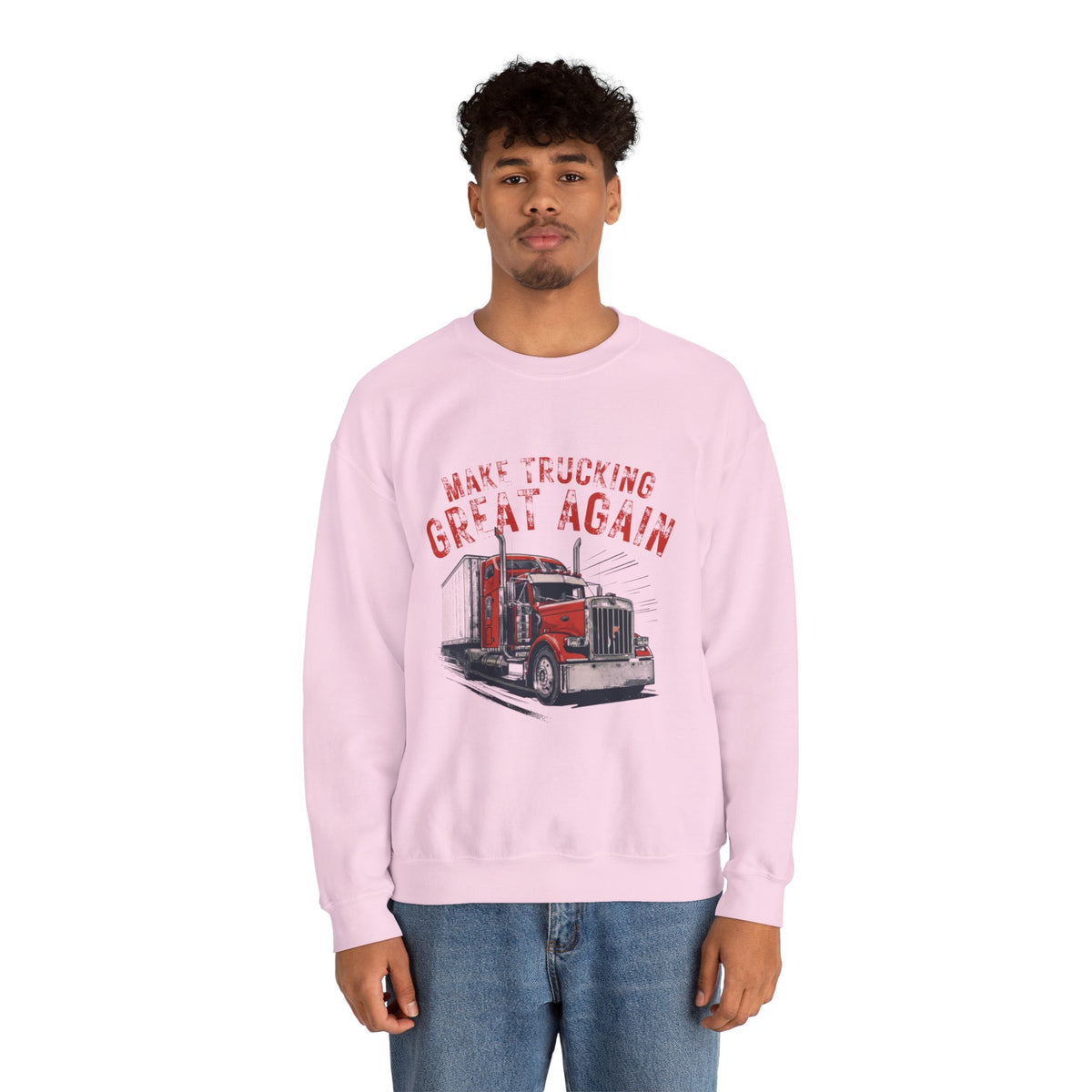 Dark heather crewneck sweatshirt by Printify featuring a vintage semi tractor graphic and the slogan "Make Trucking Great Again."
