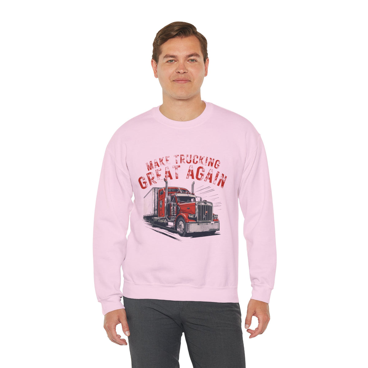 Dark heather crewneck sweatshirt by Printify featuring a vintage semi-tractor graphic and the phrase "Make Trucking Great Again."