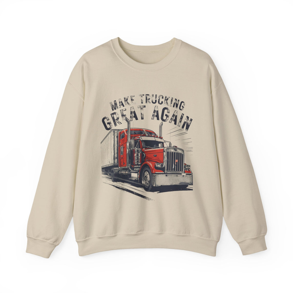 Light pink Trucker Crewneck Sweatshirt by Printify featuring a vintage semi truck design and the phrase “Make Trucking Great Again.”