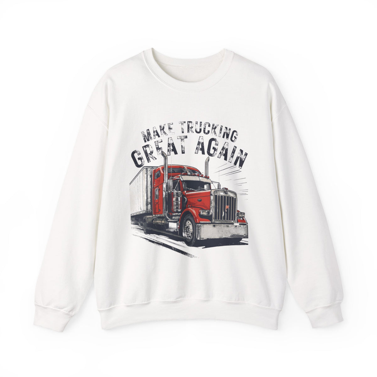 Light pink Printify trucker crewneck sweatshirt with vintage semi truck design and "Make Trucking Great Again" slogan.