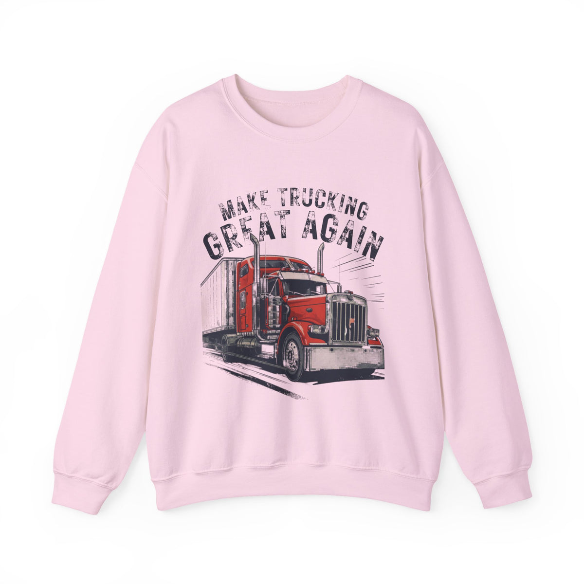 Light pink Trucker Crewneck Sweatshirt by Printify featuring vintage semi truck design with "Make Trucking Great Again" slogan.