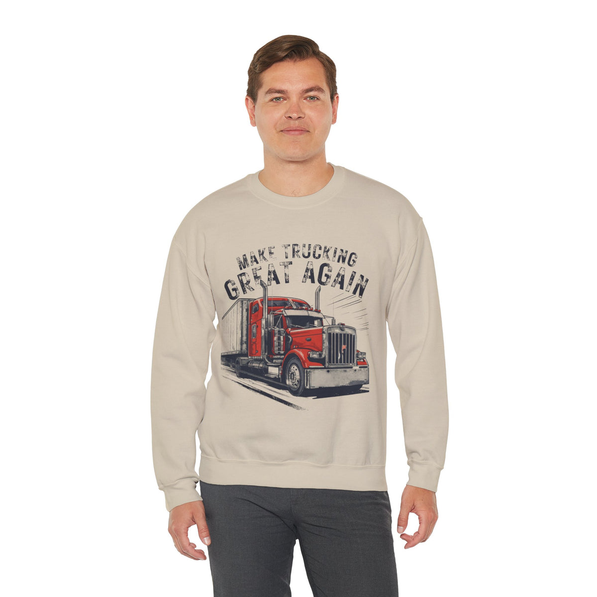 Light pink Trucker Crewneck Sweatshirt by Printify featuring vintage semi truck graphic and "Make Trucking Great Again" slogan.