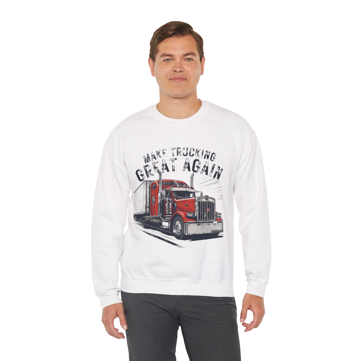 Light pink Trucker Crewneck Sweatshirt by Printify featuring a vintage semi truck design and the phrase “Make Trucking Great Again.”
