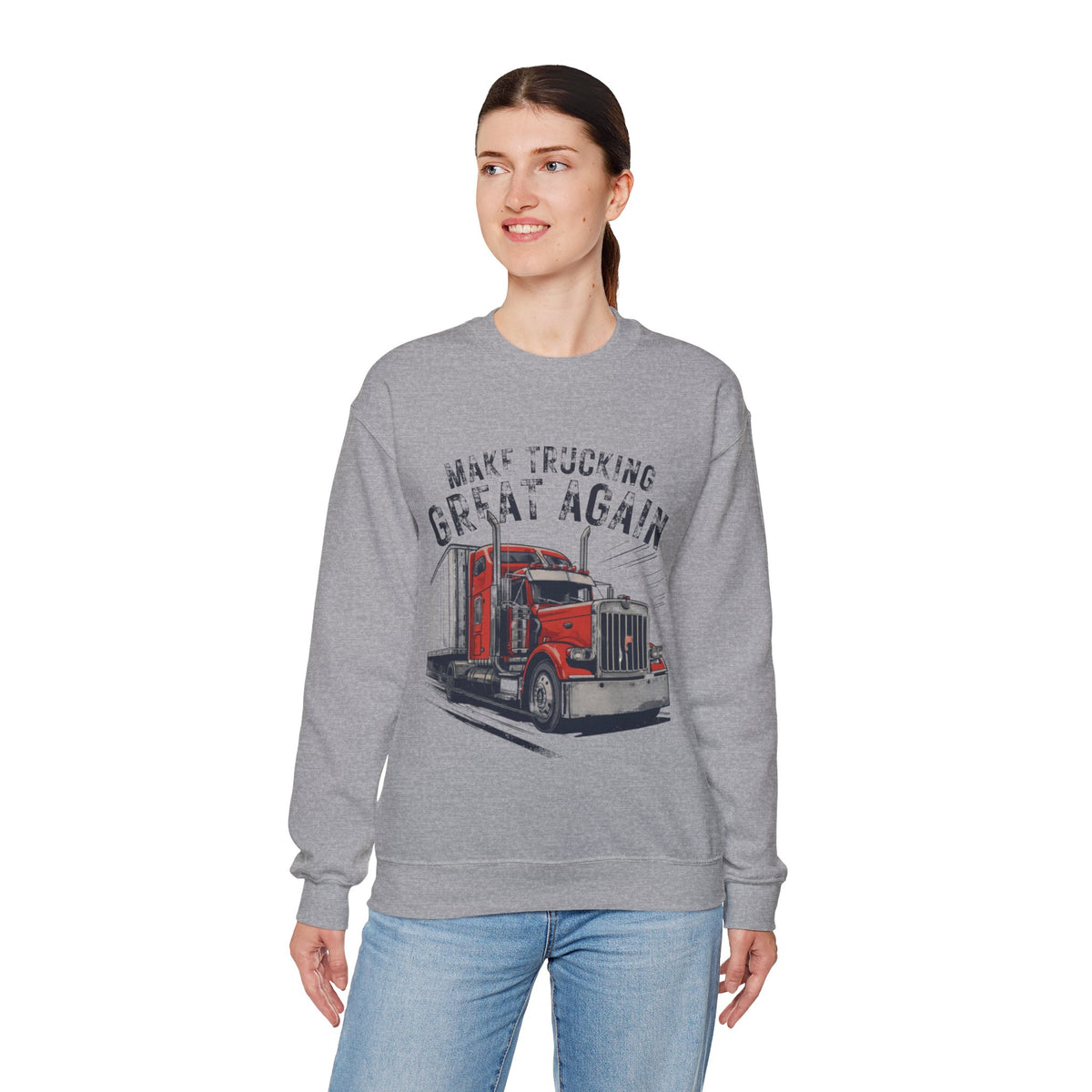 Light pink trucker crewneck sweatshirt with vintage semi truck design and "Make Trucking Great Again" slogan.