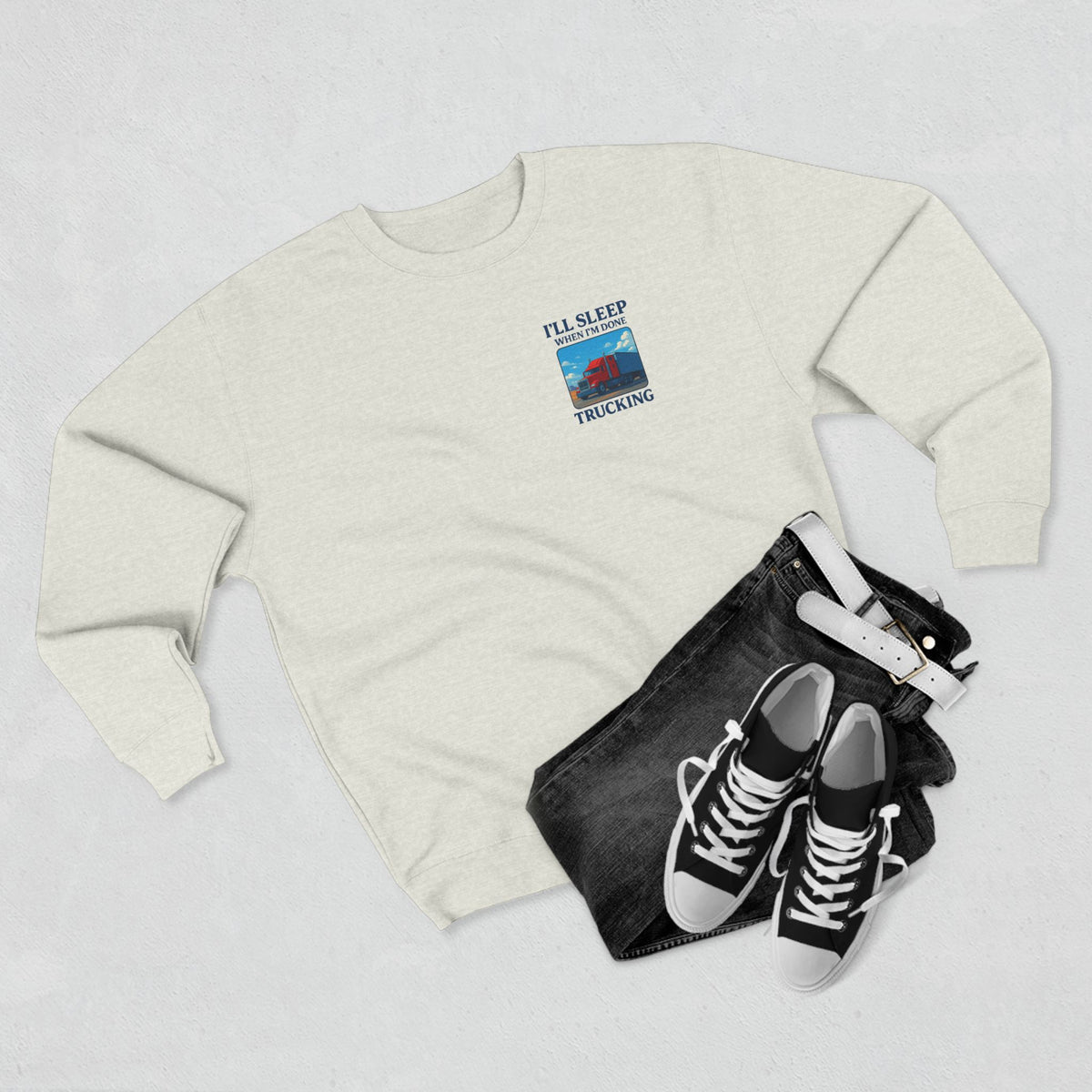 Heather grey Trucker Life unisex crewneck sweatshirt featuring the "I'll Sleep When I'm Done" design by Printify.