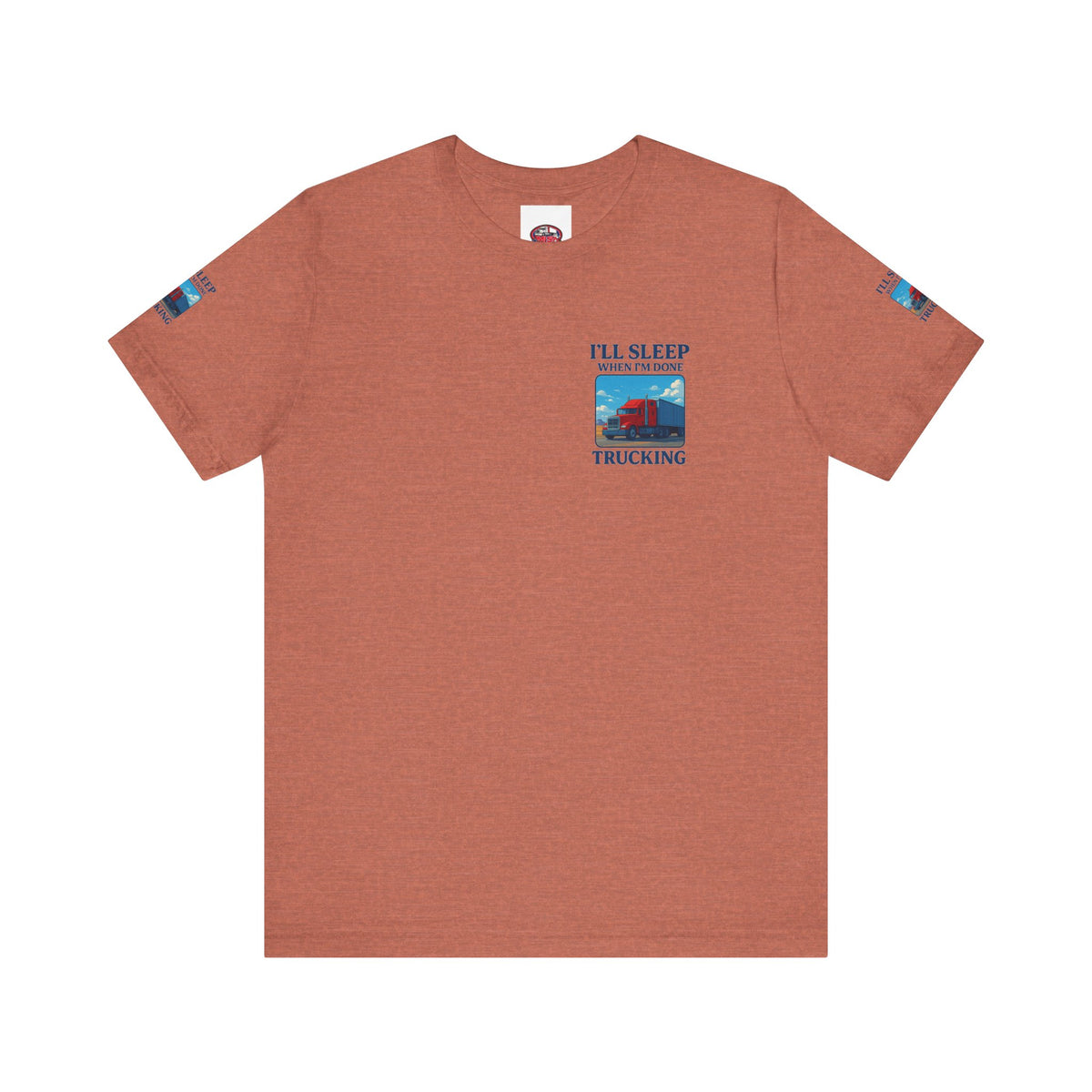 Unisex Heather Gray T-shirt featuring "I'll Sleep When I'm Done Trucking" slogan, ideal for truckers, made by Printify.
