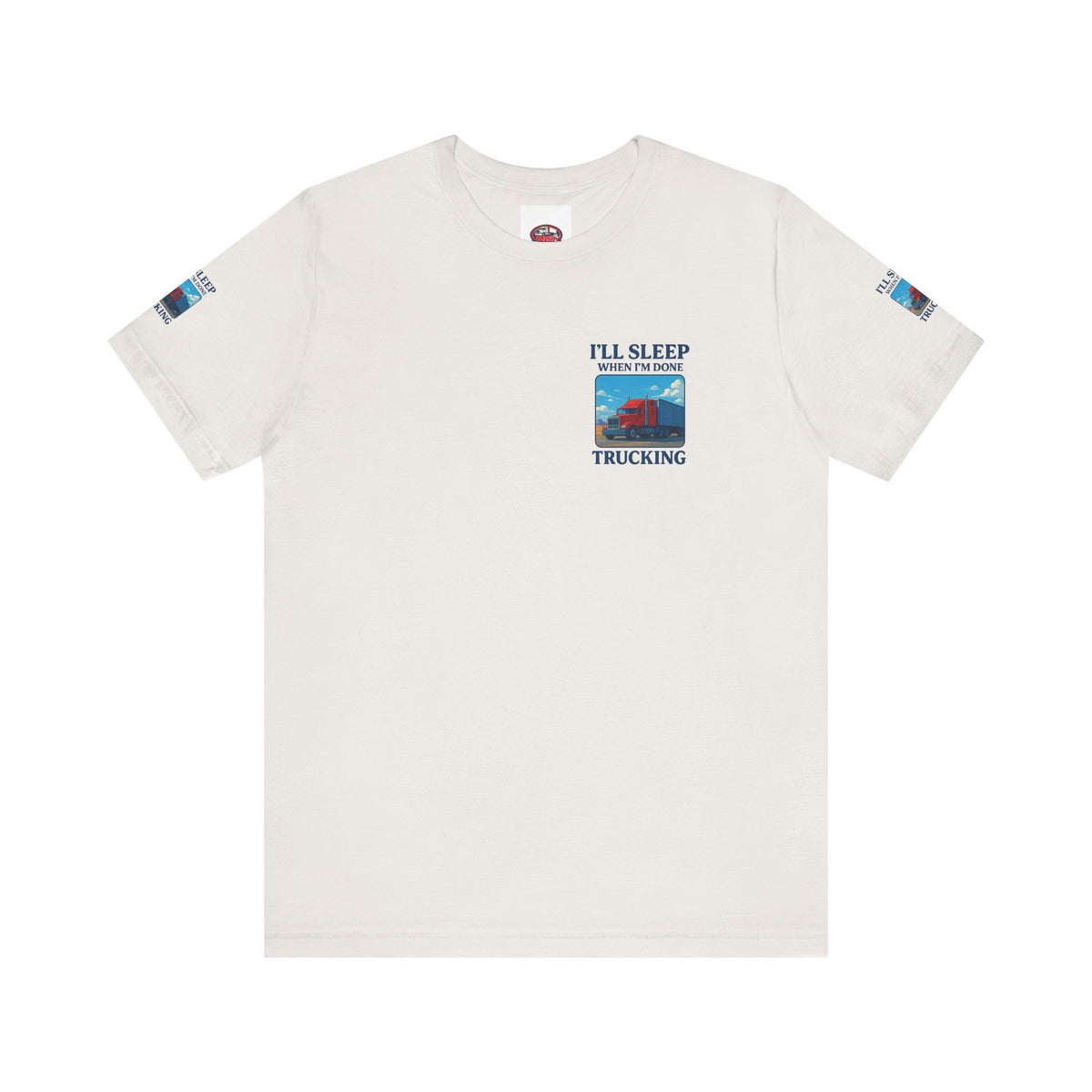 Unisex Heather Grey T-shirt with "I'll Sleep When I'm Done Trucking" print, short sleeves, for truckers, by Printify.