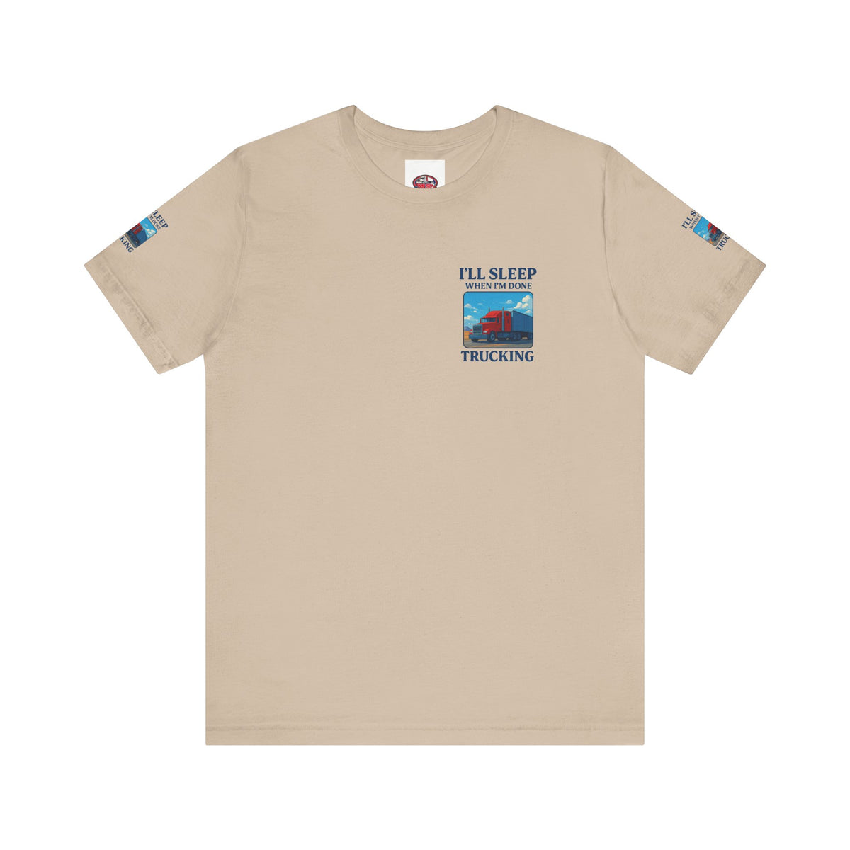 Unisex Heather Gray T-shirt featuring "I'll Sleep When I'm Done Trucking" printed slogan, ideal for truckers.