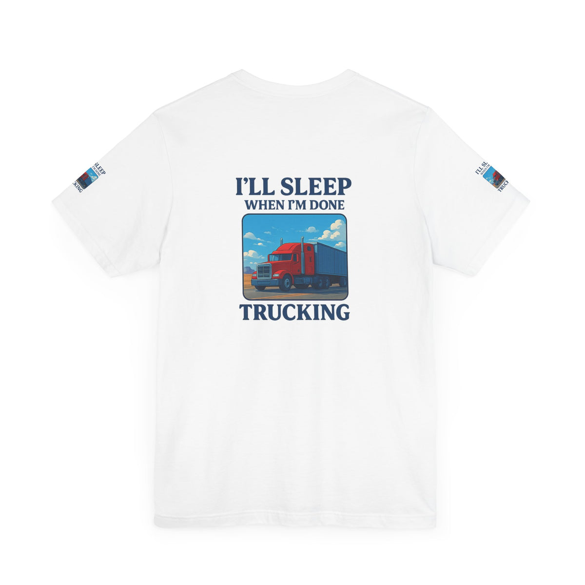 Unisex Heather Gray T-Shirt for Truckers featuring "I'll Sleep When I'm Done Trucking" print, short sleeve, casual fit.