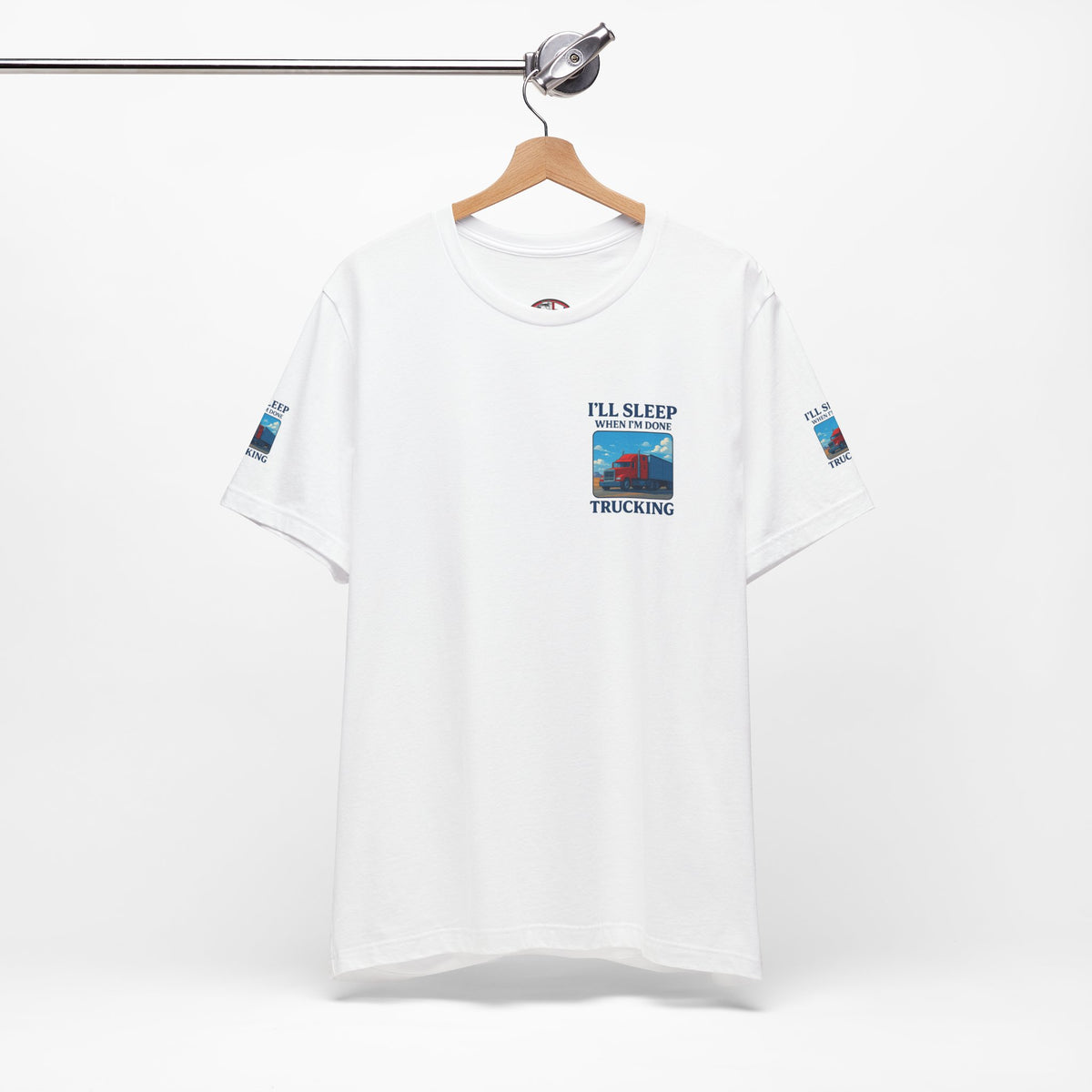 Unisex Heather Gray T-Shirt with "I'll Sleep When I'm Done Trucking" print, short sleeves, casual trucker tee by Printify.