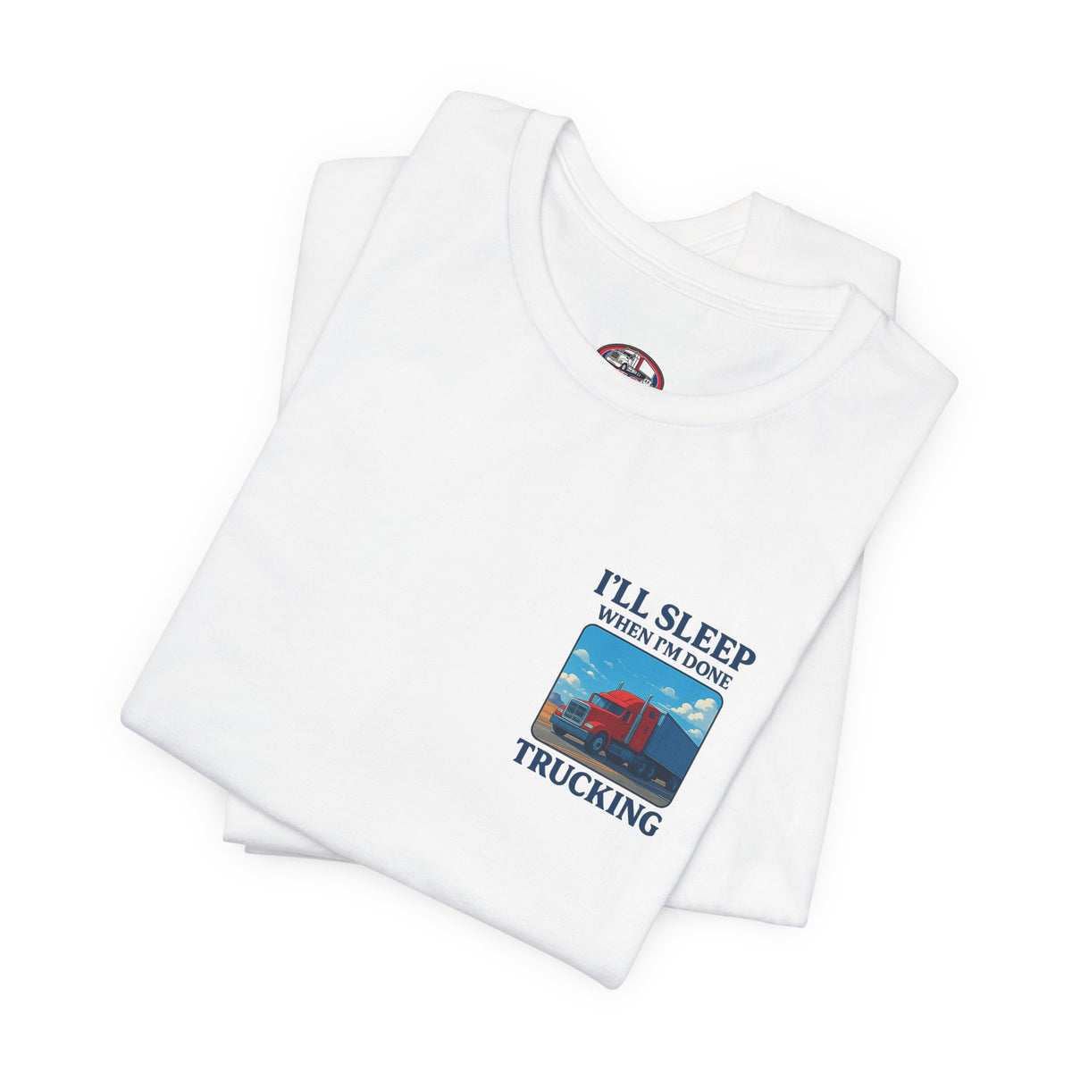 Unisex Heather Gray T-shirt featuring "I'll Sleep When I'm Done Trucking" slogan, short sleeves, for truckers.