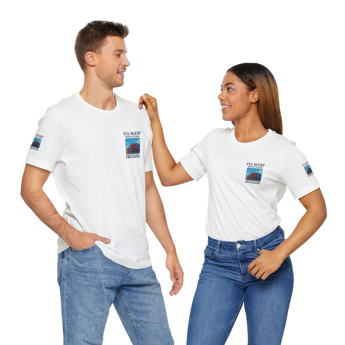 Unisex Heather Gray T-shirt with "I'll Sleep When I'm Done Trucking" slogan, designed for truckers, by Printify.
