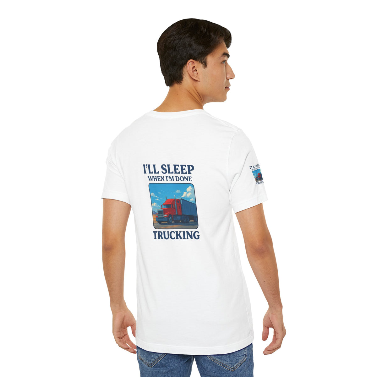 Unisex Heather gray T-shirt featuring "I'll Sleep When I'm Done Trucking" print, casual short sleeve trucker tee by Printify.