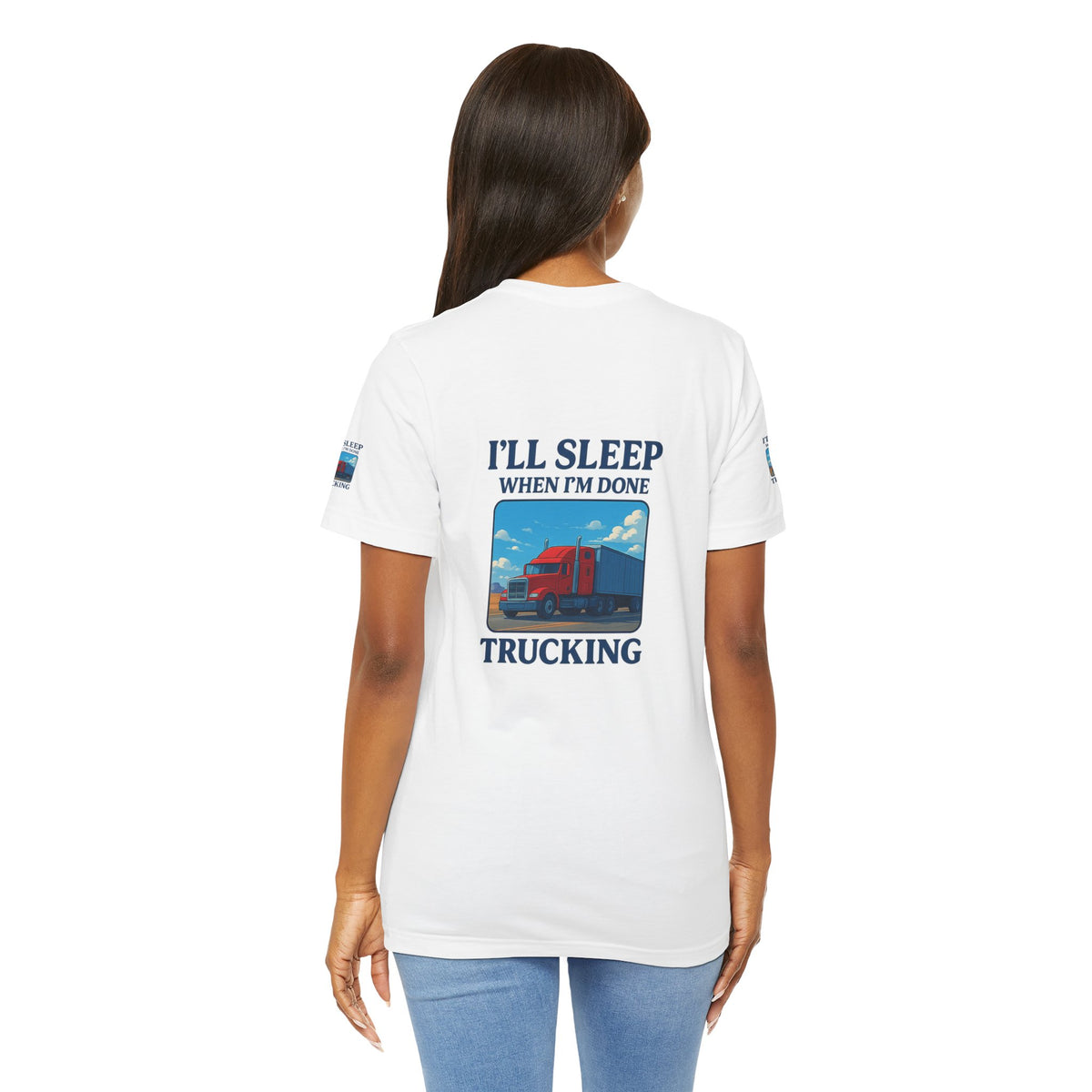 Unisex Heather Gray T-shirt with "I'll Sleep When I'm Done Trucking" slogan, short sleeves, casual fit for truckers.