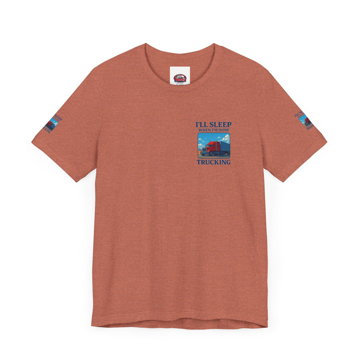 Unisex Heather Gray T-shirt with "I'll Sleep When I'm Done Trucking" slogan, short sleeves, casual fit for truckers.