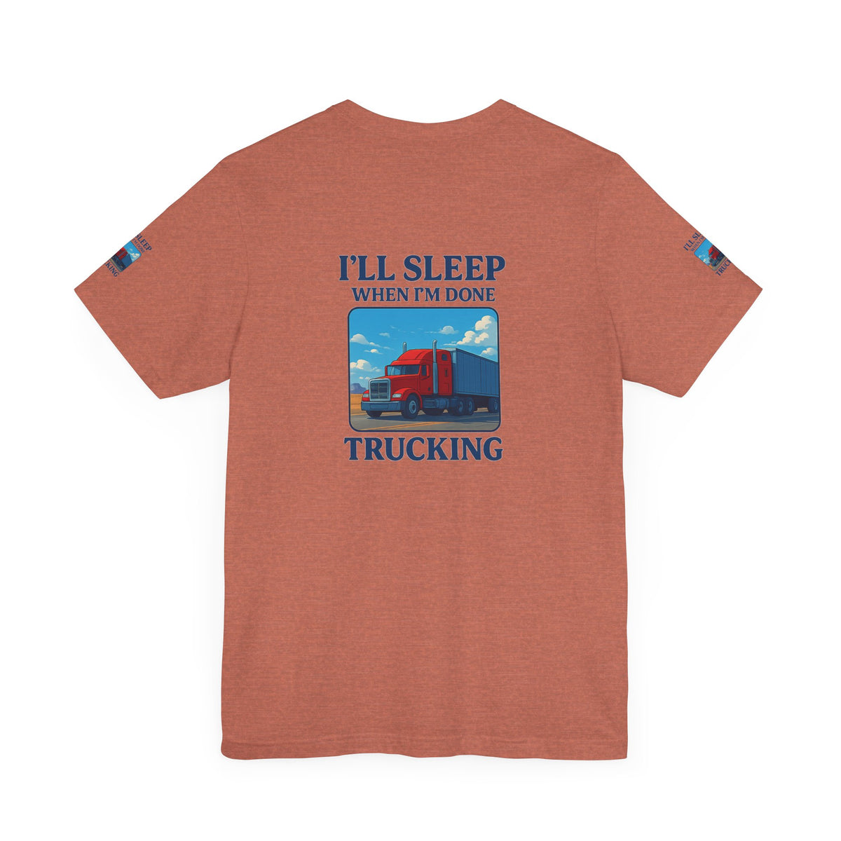 Unisex Heather Grey T-shirt with "I'll Sleep When I'm Done Trucking" slogan, short sleeves, casual fit for truckers.