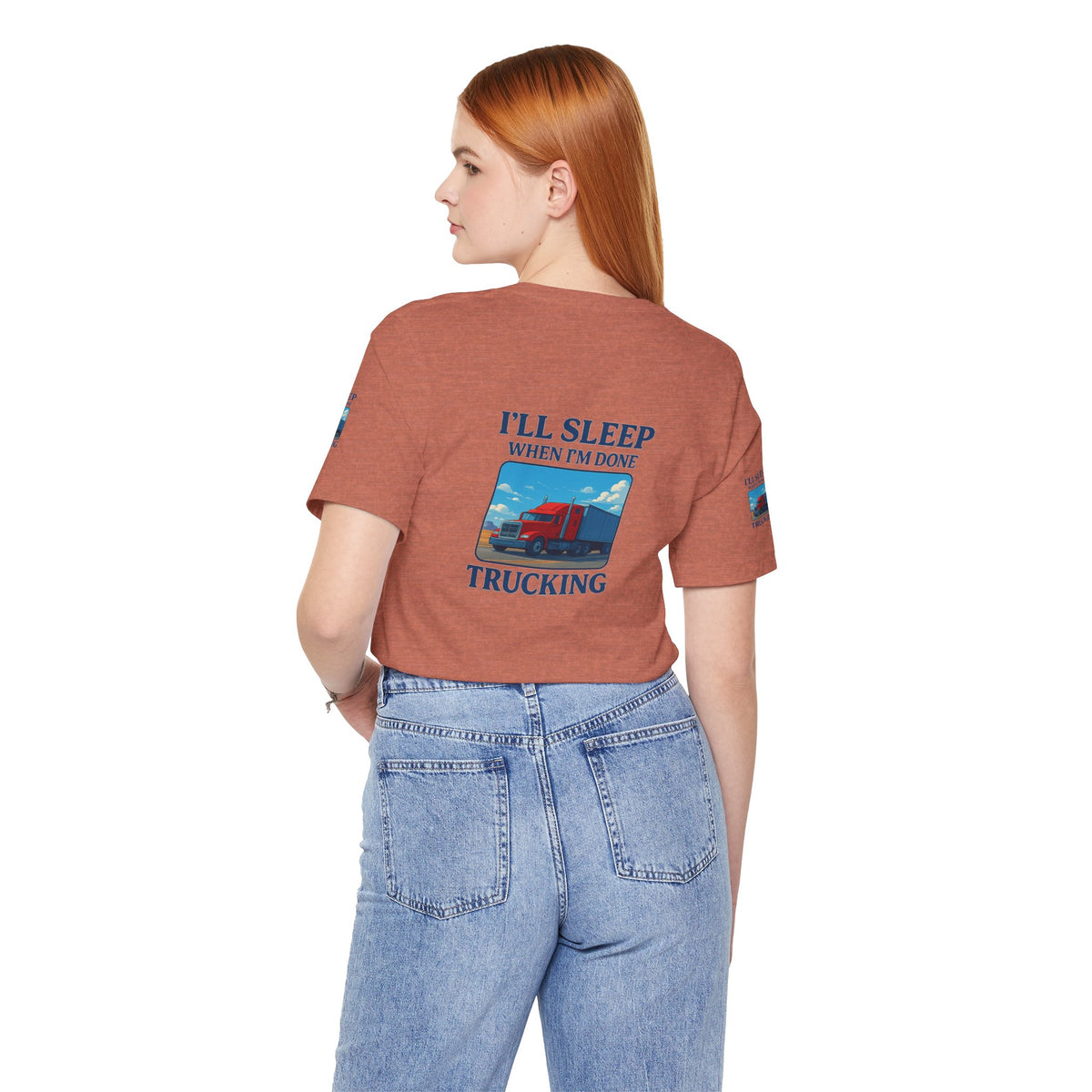 Unisex Heather gray T-shirt with "I'll Sleep When I'm Done Trucking" print, short sleeves, casual trucker apparel by Printify.