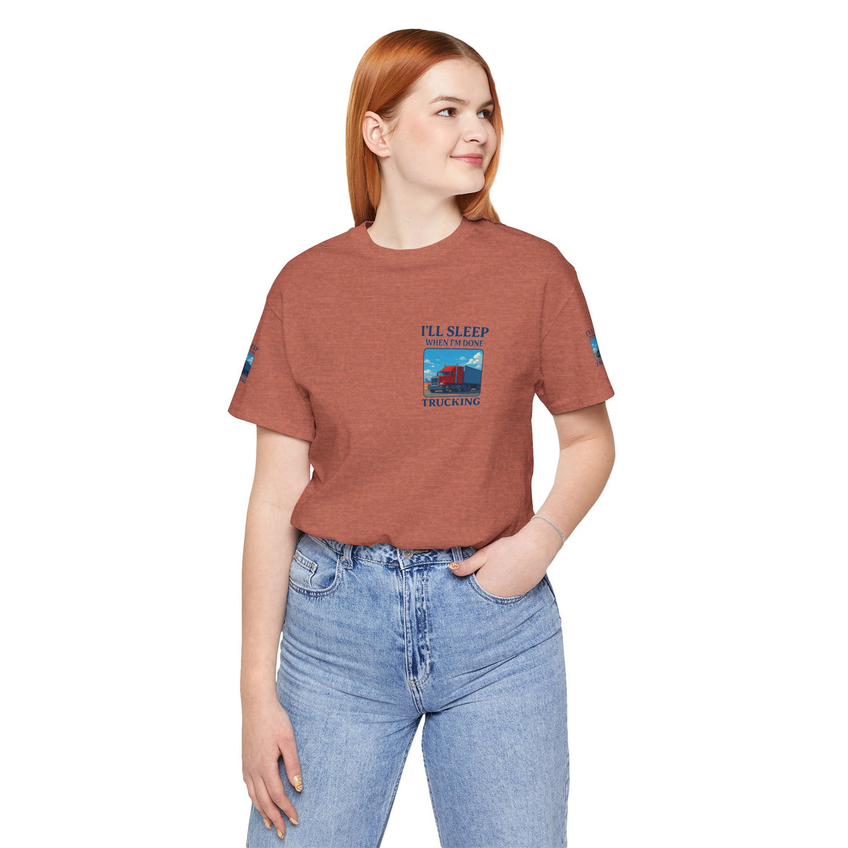 Unisex Heather Gray T-Shirt with "I'll Sleep When I'm Done Trucking" print, short sleeve, casual fit for truckers.