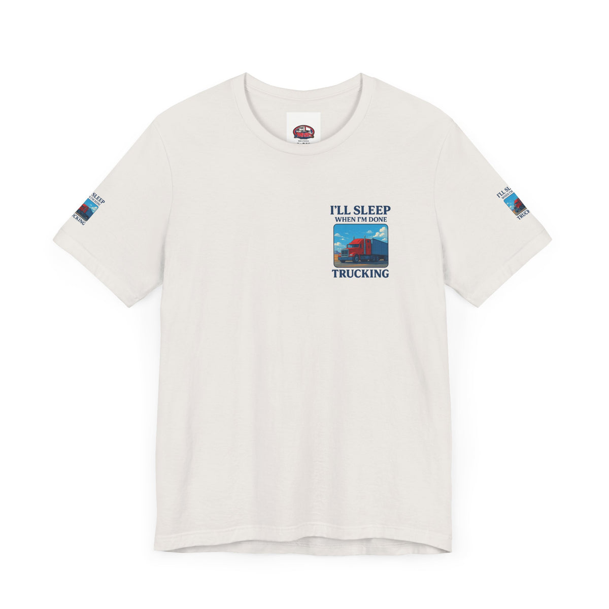 Unisex heather gray T-shirt with "I'll Sleep When I'm Done Trucking" slogan, designed for truckers, by Printify.