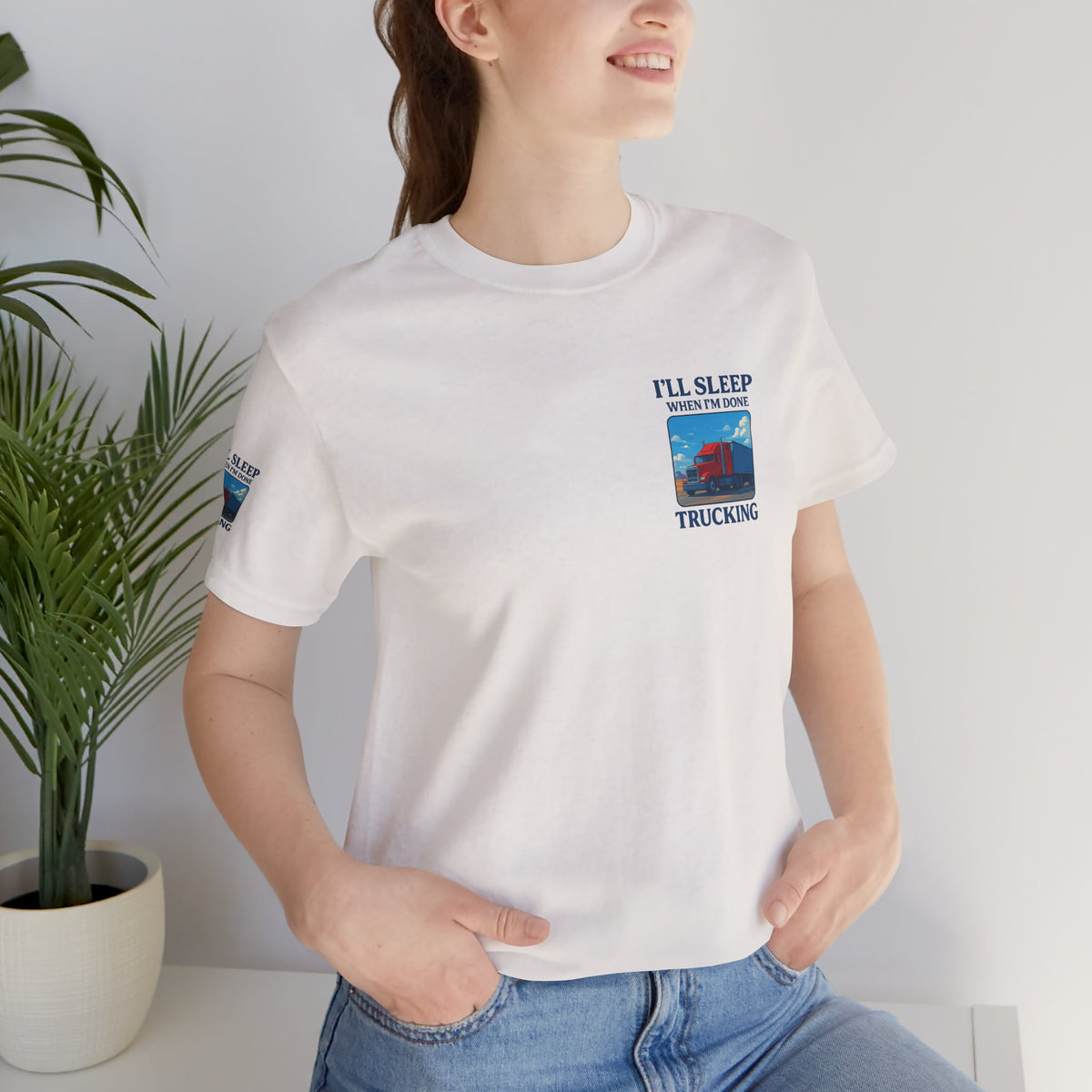 Unisex Heather Gray T-Shirt with "I'll Sleep When I'm Done Trucking" slogan for truckers, made by Printify.