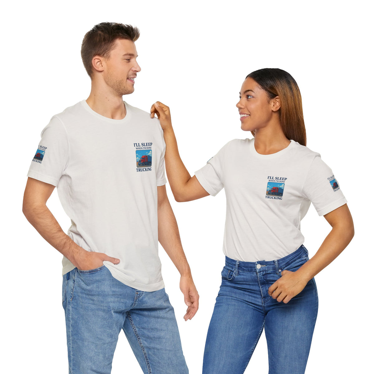 Unisex Heather Gray T-shirt with "I'll Sleep When I'm Done Trucking" slogan, short sleeves, for truckers, by Printify.