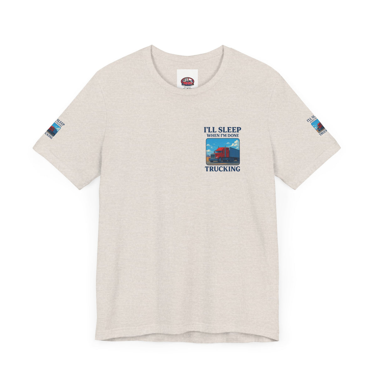 Unisex Heather Gray T-shirt with "I'll Sleep When I'm Done Trucking" slogan for truckers, short sleeve jersey tee by Printify.