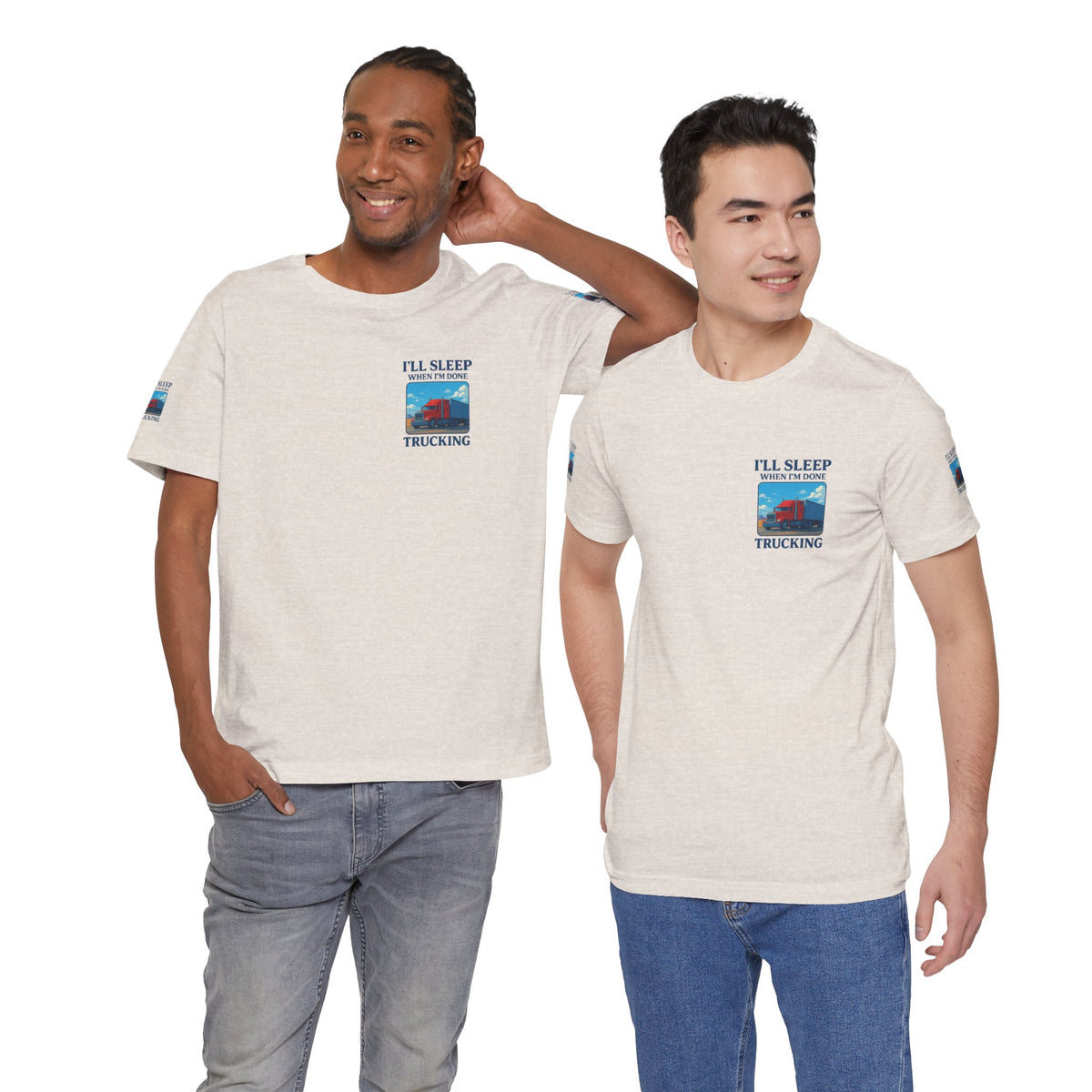 Unisex Heather gray T-shirt with "I'll Sleep When I'm Done Trucking" slogan, casual short sleeve tee for truckers, Printify brand.