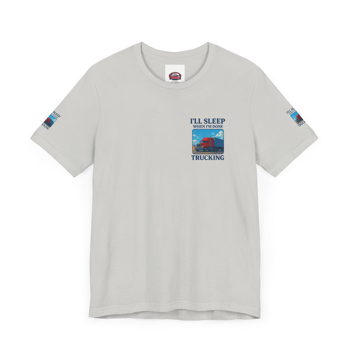 Unisex Heather Grey T-shirt with "I'll Sleep When I'm Done Trucking" slogan, ideal for truckers, from Printify.