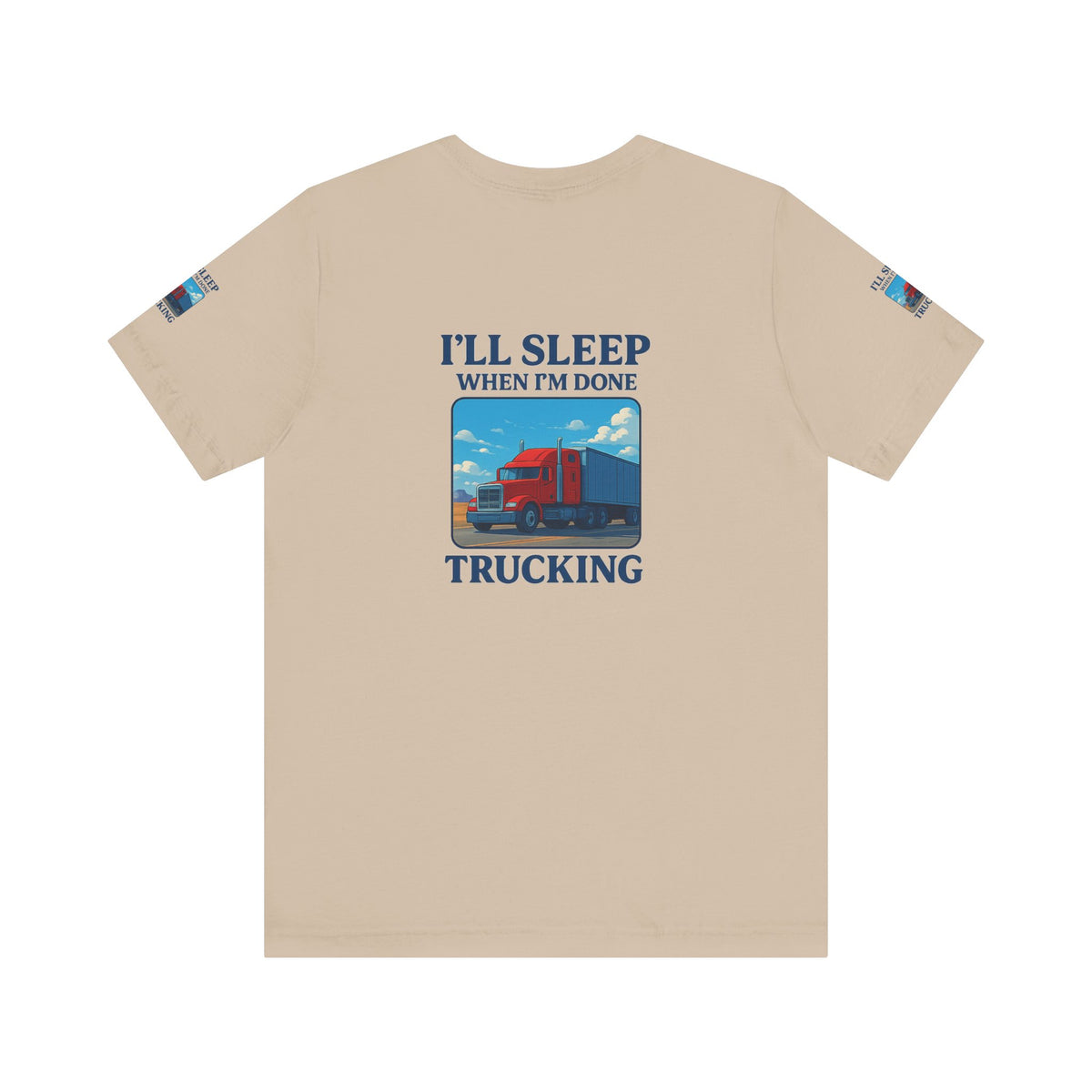Unisex Heather Gray T-Shirt with "I'll Sleep When I'm Done Trucking" print, short sleeve, casual fit for truckers.