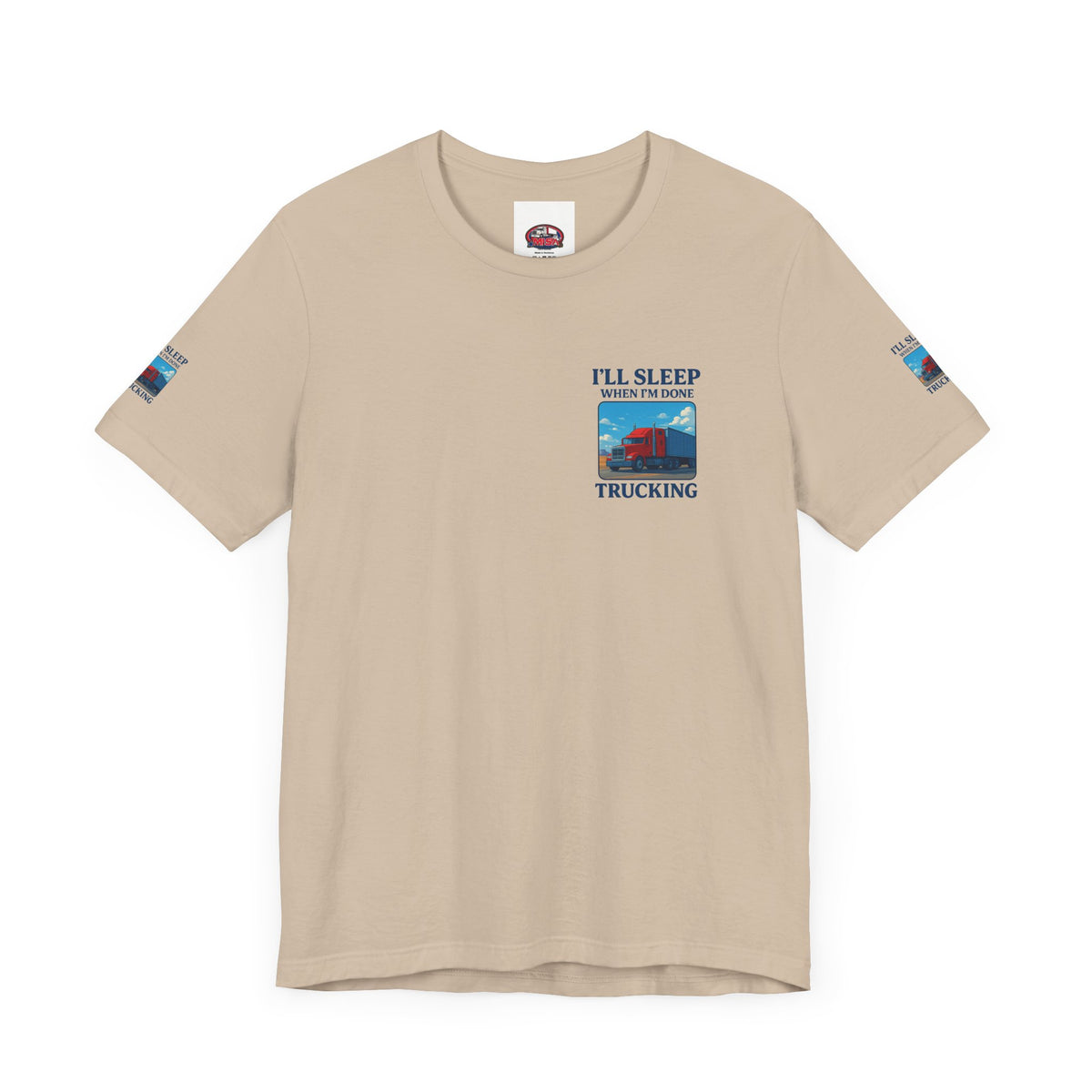 Unisex Heather Gray T-shirt with "I'll Sleep When I'm Done Trucking" slogan, lightweight jersey fabric, perfect for truckers.