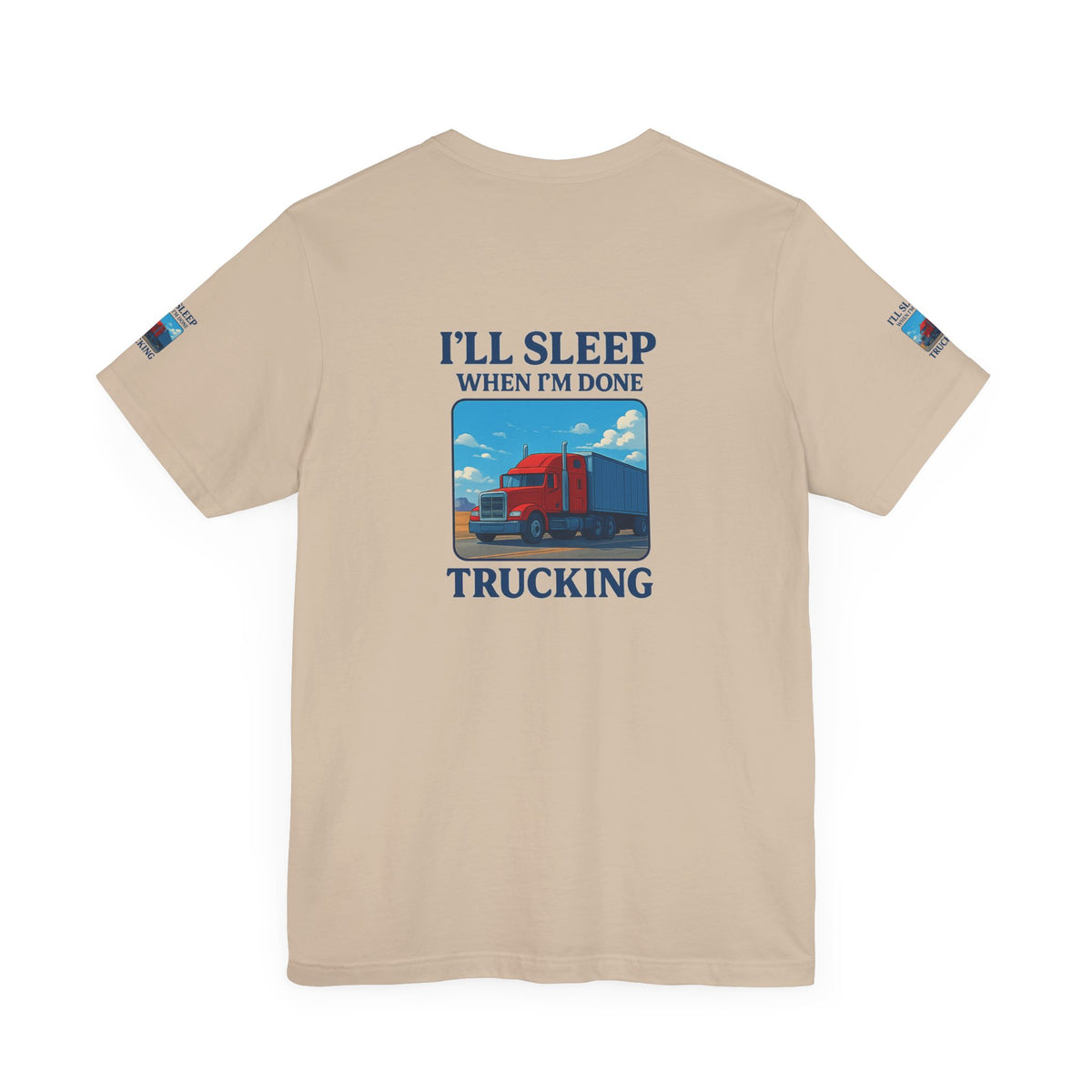 Unisex Heather Gray T-shirt with "I'll Sleep When I'm Done Trucking" slogan, short sleeves, casual fit for truckers by Printify