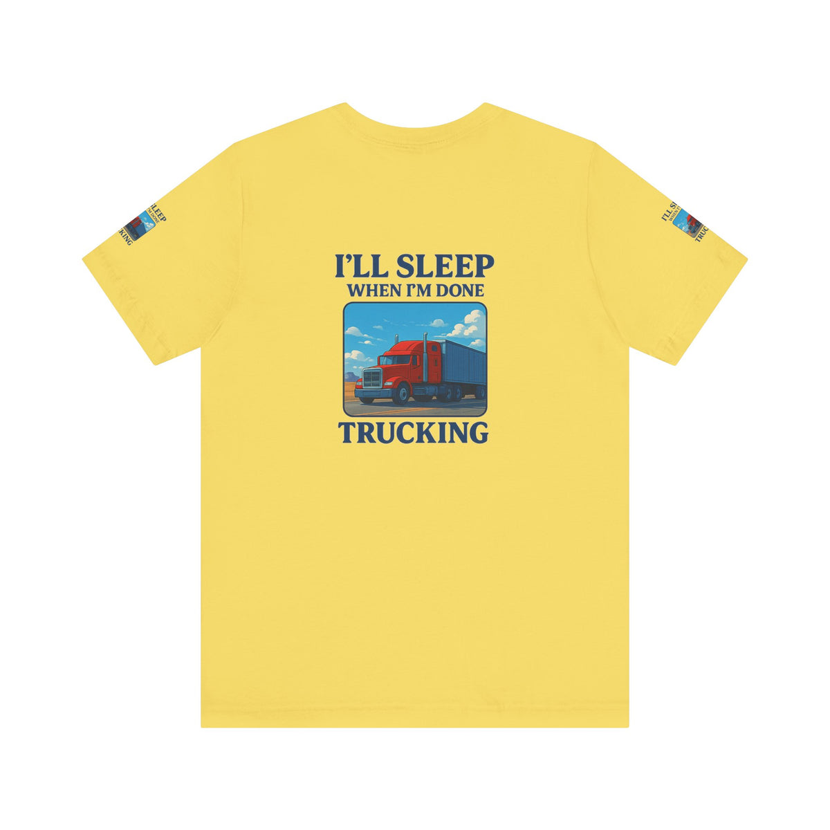 Unisex Heather grey T-shirt with "I'll Sleep When I'm Done Trucking" slogan, short sleeves, printed by Printify for truckers.