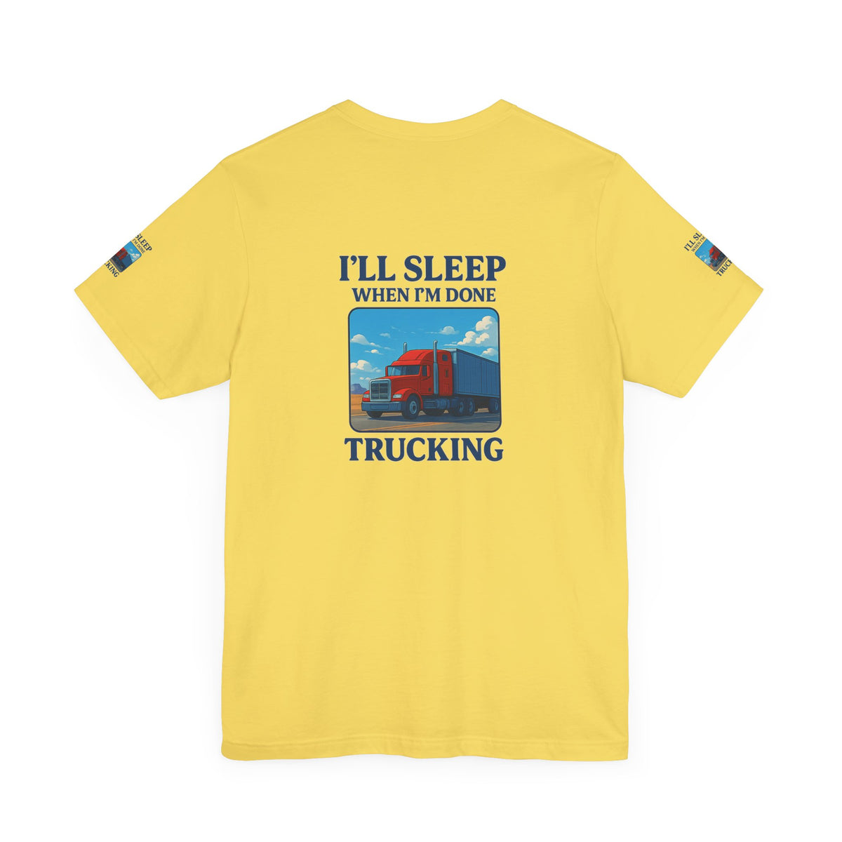 Unisex Heather Gray T-shirt with "I'll Sleep When I'm Done Trucking" print, casual short sleeve trucker tee by Printify.