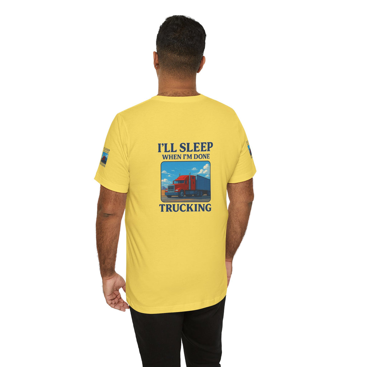Unisex Heather Gray T-shirt with "I'll Sleep When I'm Done Trucking" slogan, featuring short sleeves and casual fit.