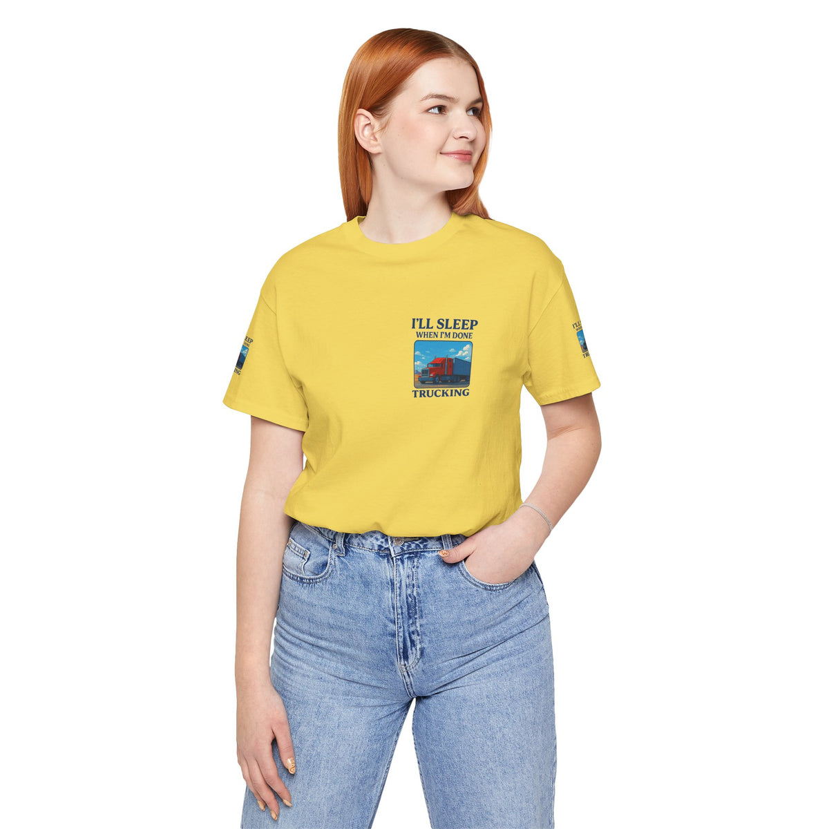 Unisex Heather Gray T-Shirt with "I'll Sleep When I'm Done Trucking" print, featuring short sleeves and casual fit for truckers.