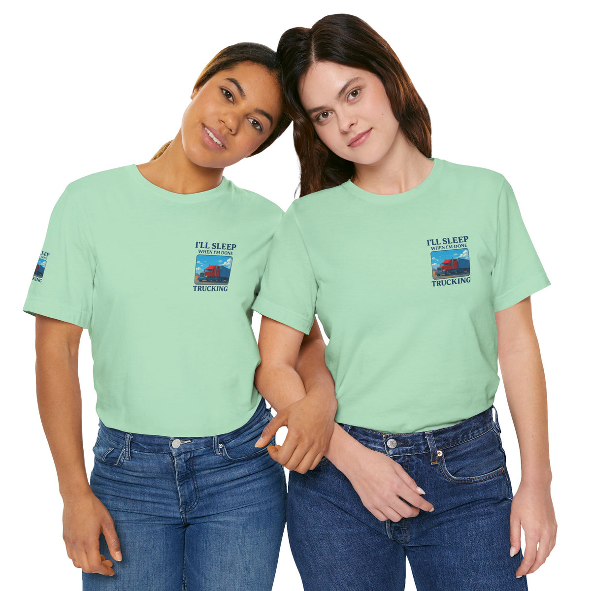 Unisex Heather Gray T-shirt with "I'll Sleep When I'm Done Trucking" slogan, short sleeve, casual fit for truckers.