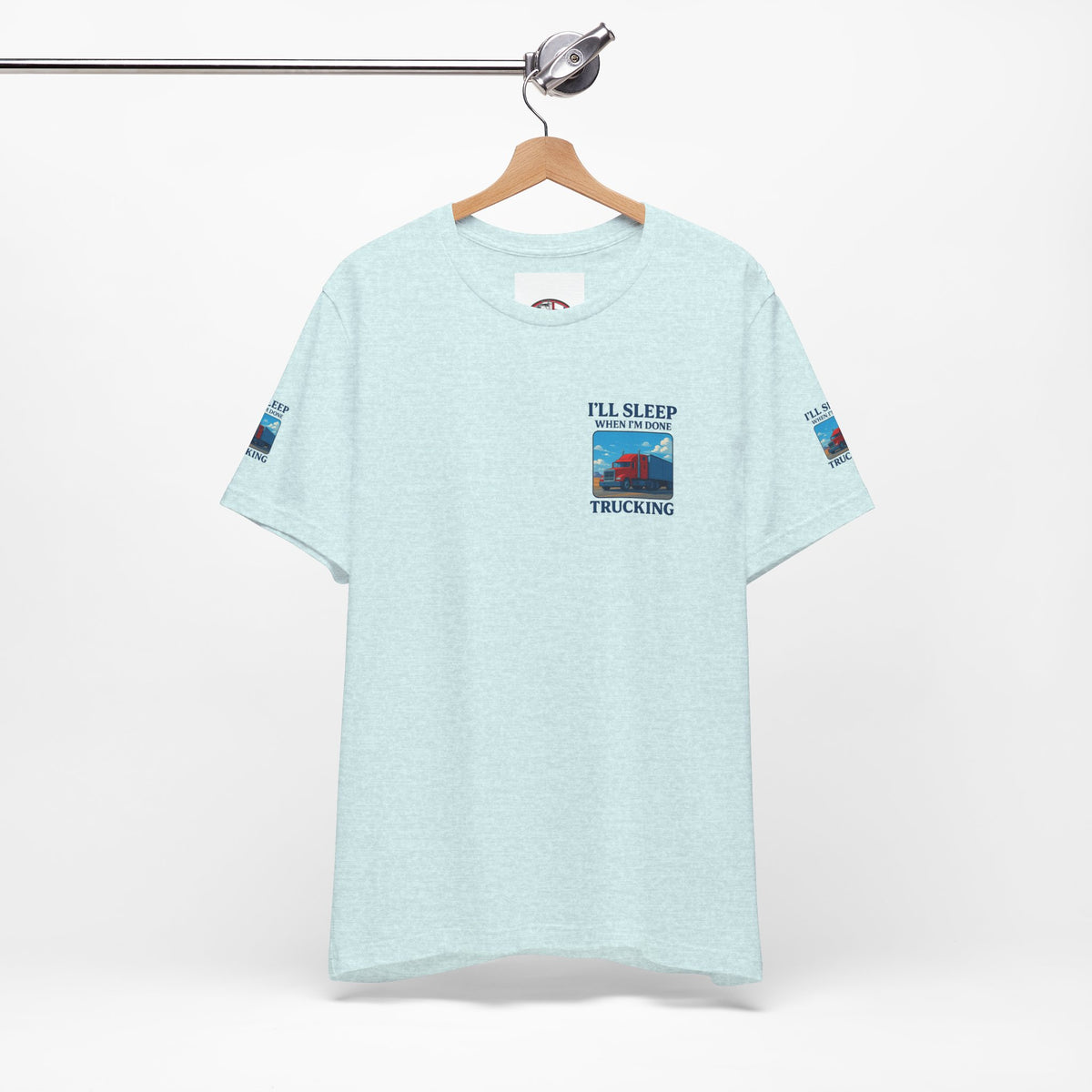 Unisex Heather Gray T-shirt with "I'll Sleep When I'm Done Trucking" slogan for truckers, made by Printify.