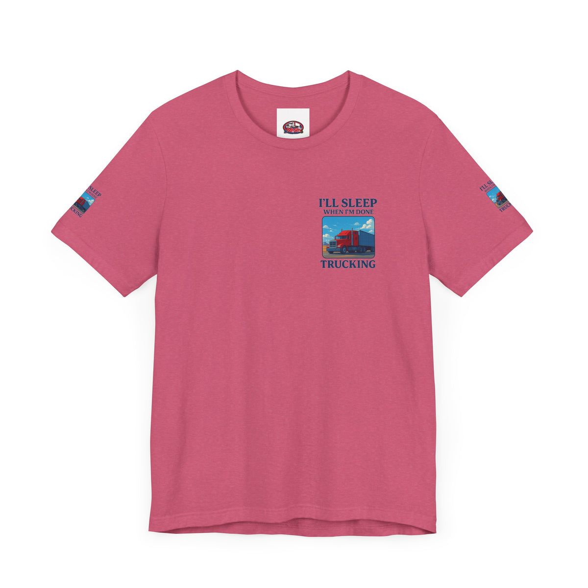 Unisex Heather gray T-shirt with "I'll Sleep When I'm Done Trucking" slogan, short sleeves, designed for truckers.