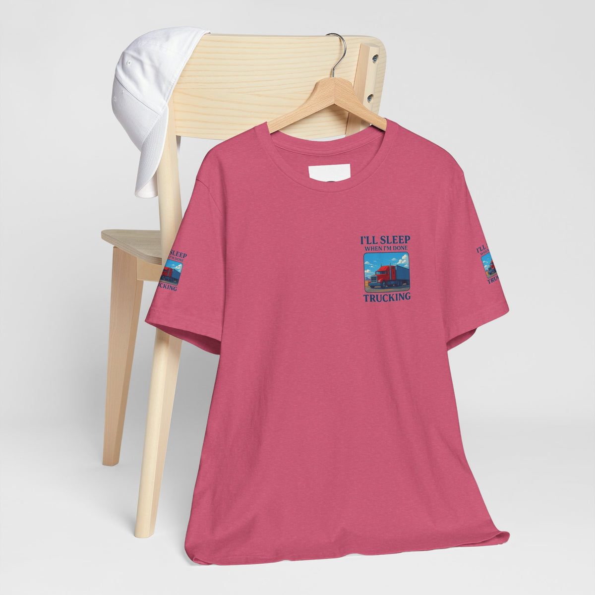 Unisex Heather Gray T-Shirt featuring "I'll Sleep When I'm Done Trucking" print, designed for truckers, from Printify.