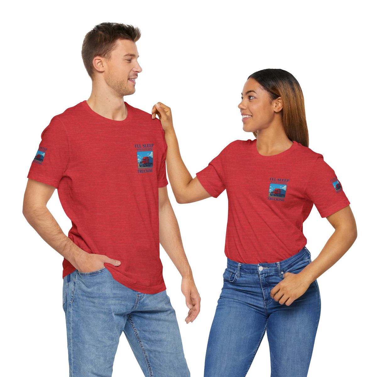 Unisex Heather Gray T-shirt for truckers with "I'll Sleep When I'm Done Trucking" slogan, short sleeve, Printify brand.