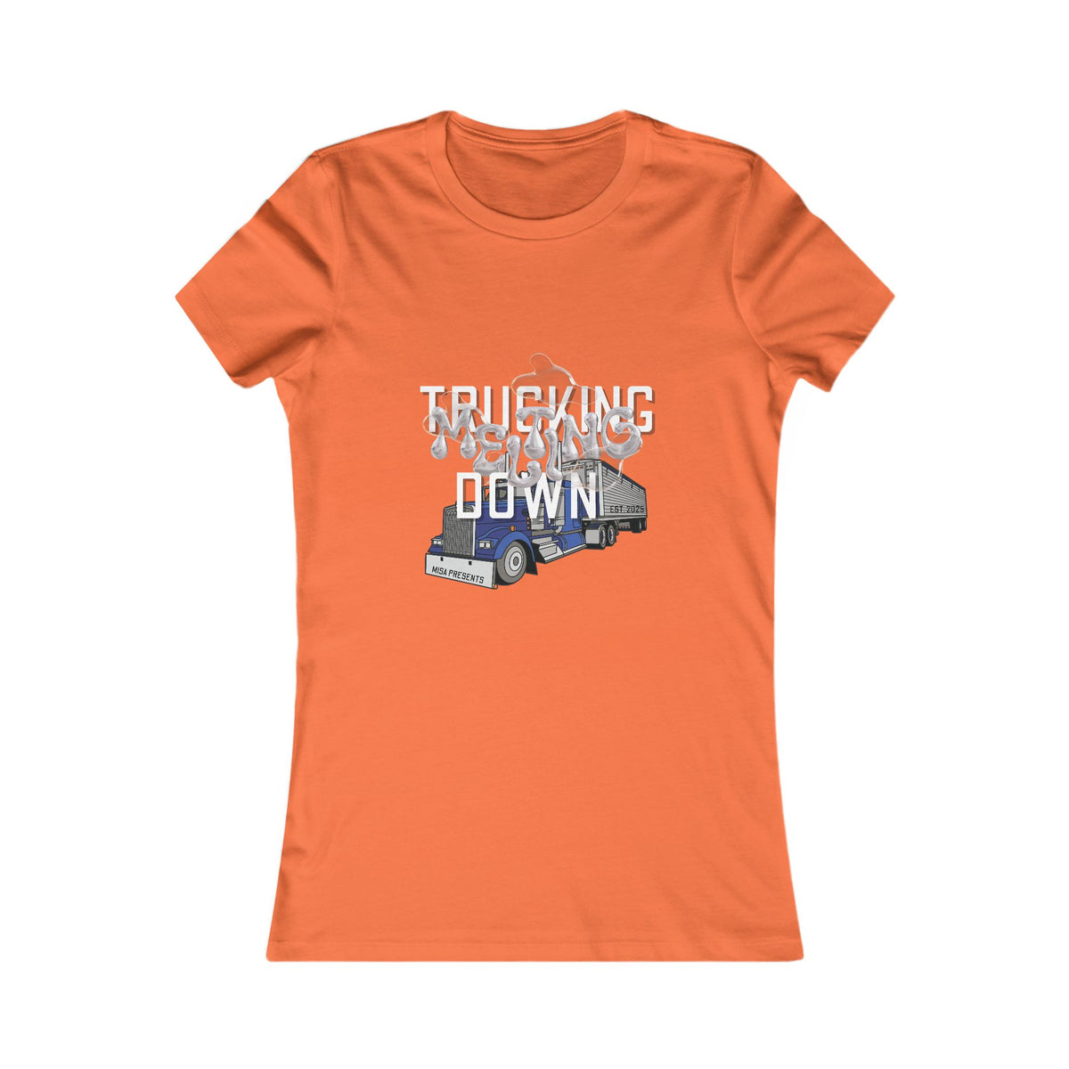 Baby blue women's trucking T-shirt by Printify featuring a casual, comfortable fit and trucking graphic design.