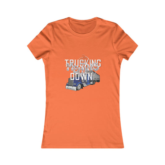 Baby blue women's trucking T-shirt by Printify featuring a casual, comfortable fit and trucking graphic design.