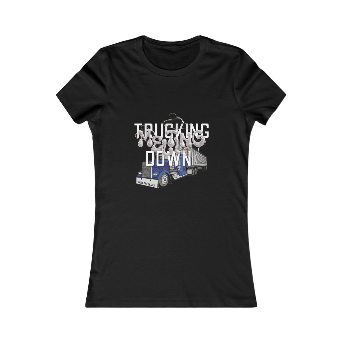Baby blue women's trucking T-shirt by Printify featuring a casual fit and truck graphic design.