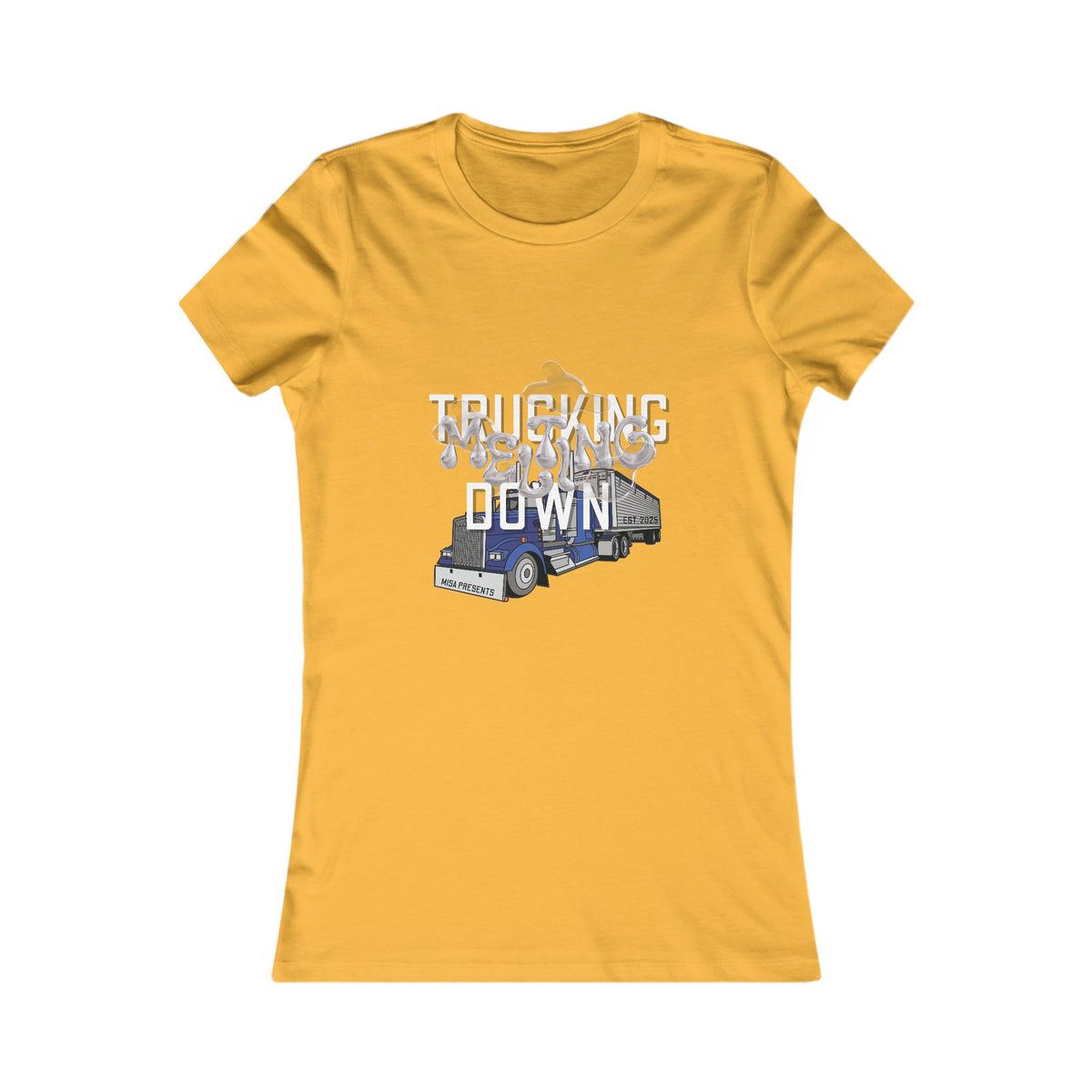 Baby blue women's trucking T-shirt by Printify featuring a casual fit and truck graphic design.