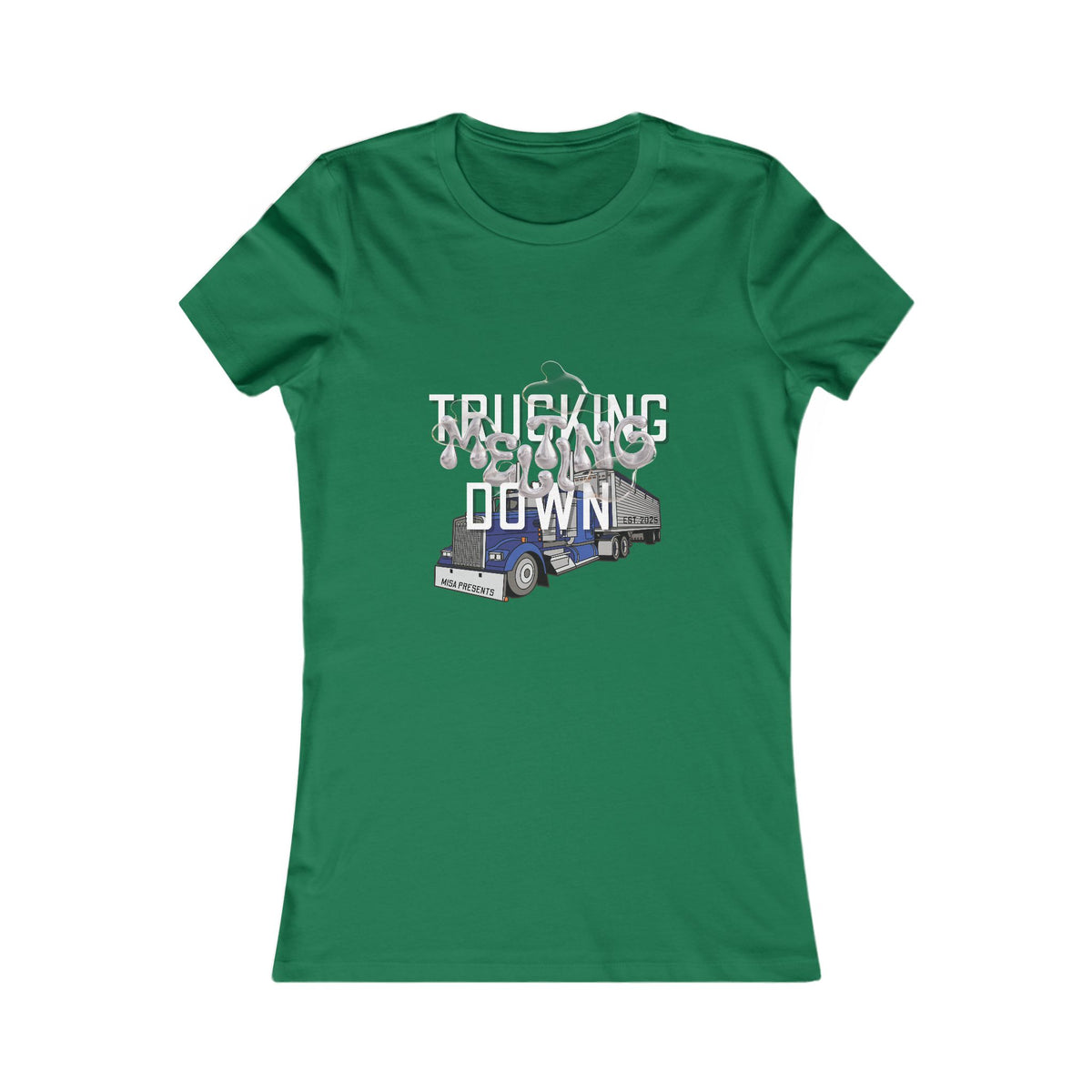 Women's baby blue trucking T-shirt from Printify featuring a casual fit and truck graphic design.
